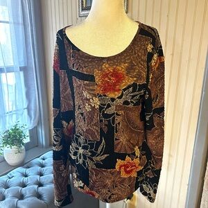 Vintage Chico’s Design Patchwork Floral Top Artsy Boho Long Sleeve Size 2 Large